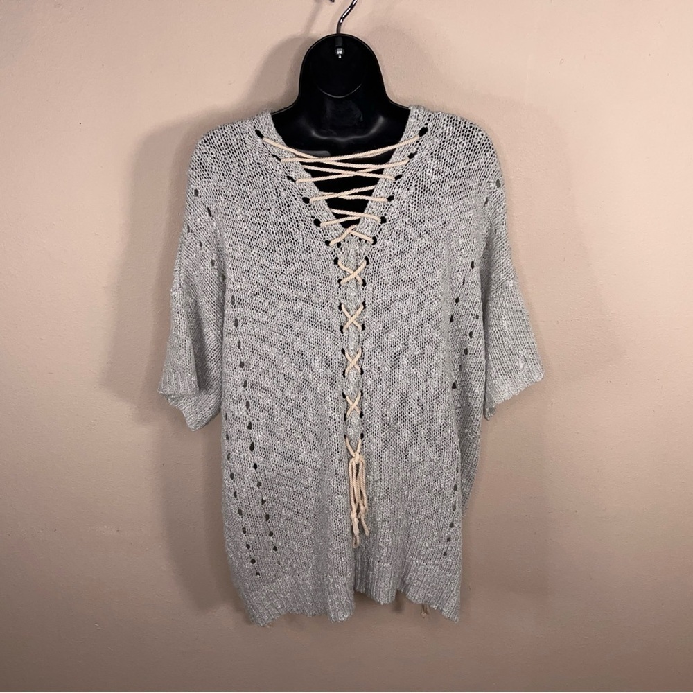 Small Easel Pastel Light Blue Knit Top Short Sleeve Strappy Accent Boho Bohemian - Picture 7 of 13